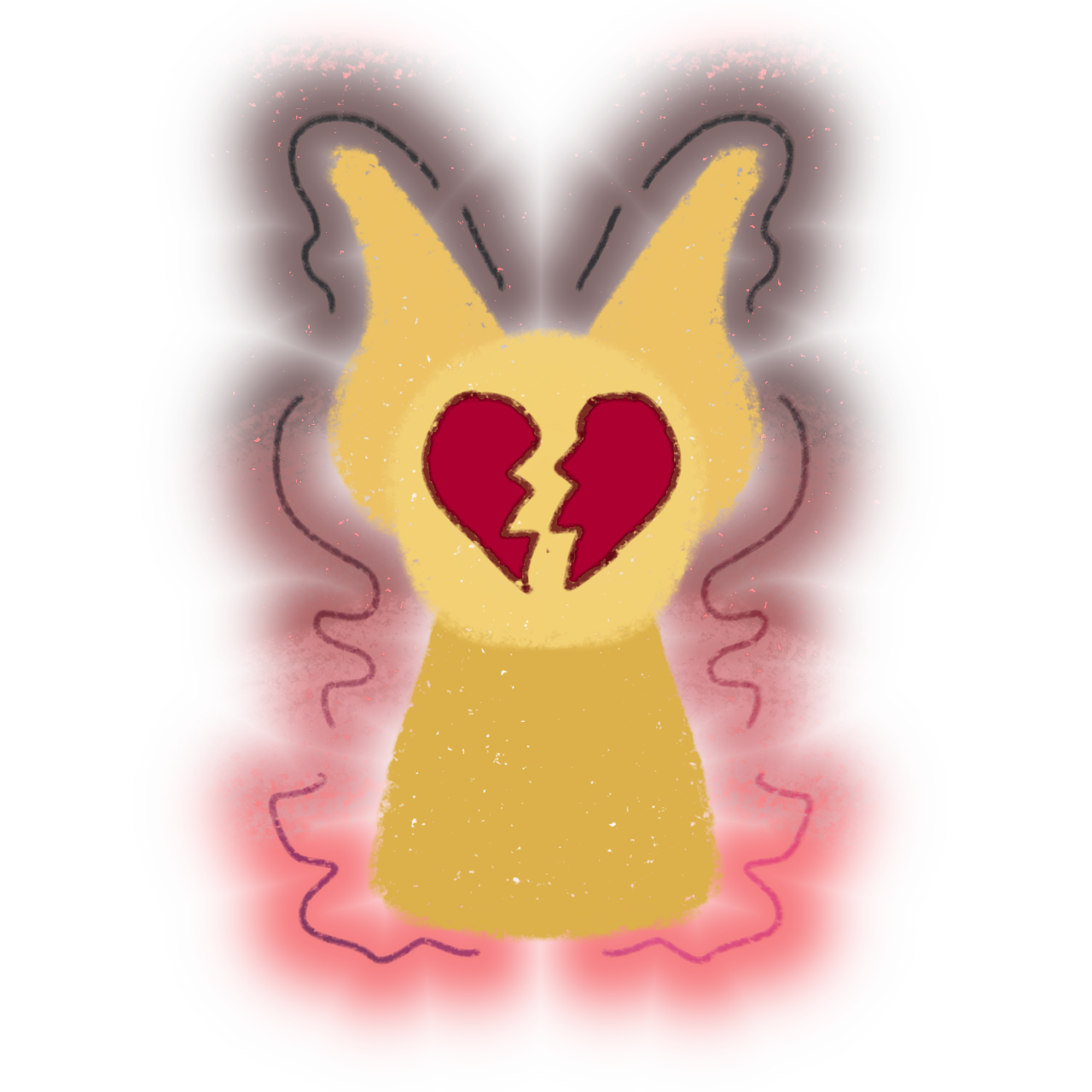 a yellow rabbit-like creature with a broken heart in the center of its face. The creature is outlined in pink and red 